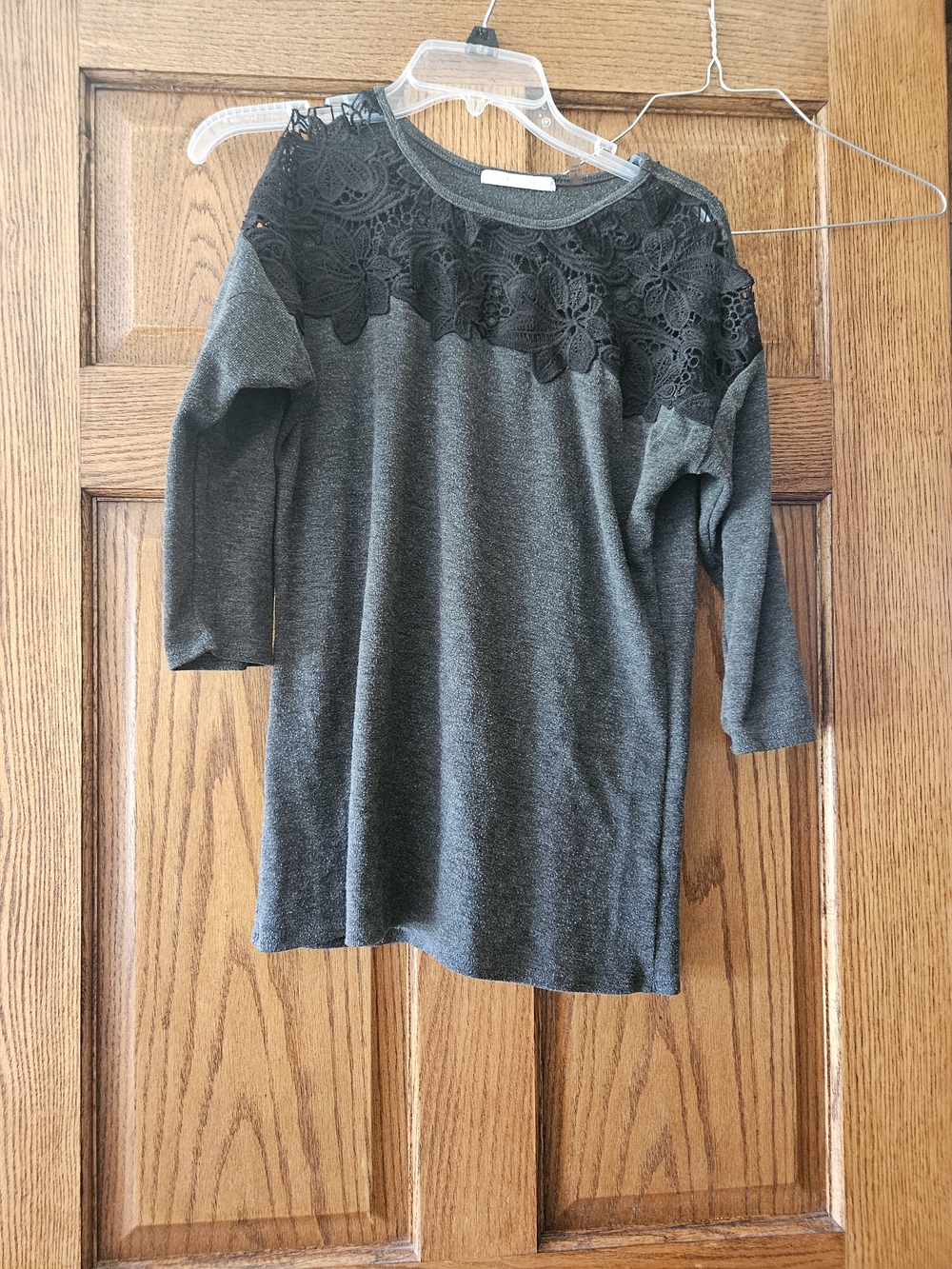 Charcoal Gray Knit Top with Black Lace Yoke